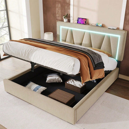 Polsterbett LED Doppelbett mit USB Typ C Ladefunktion und LED-Beleuchtung,Stauraumbetten Bettgestell aus Leinenmaterial Jugendbett 160x200 mit lattenrost