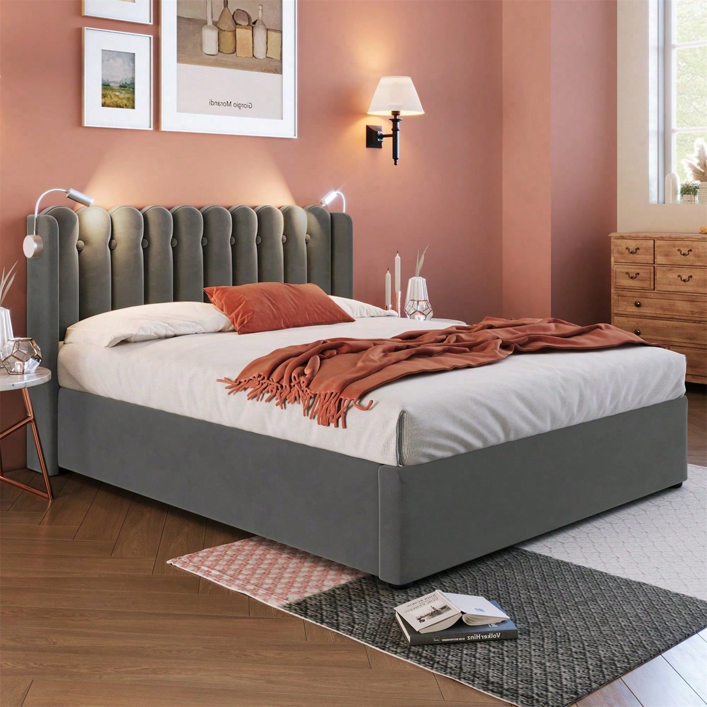 Polsterbett Doppelbett Leselicht mit Ladefunktion Kopfteil Stauraum Bettgestell Samt Jugendbett 140x200 mit lattenrost,Grau