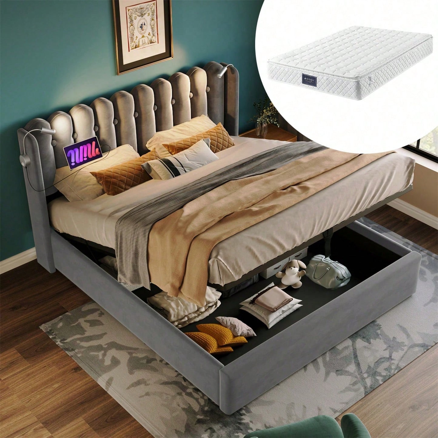 Polsterbett Doppelbett Leselicht mit Ladefunktion Kopfteil Stauraum Bettgestell Samt Jugendbett 140x200 mit lattenrost,Grau