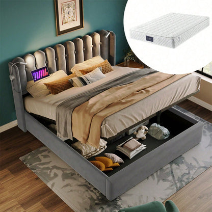 Polsterbett Doppelbett Leselicht mit Ladefunktion Kopfteil Stauraum Bettgestell Samt Jugendbett 140x200 mit lattenrost,Grau