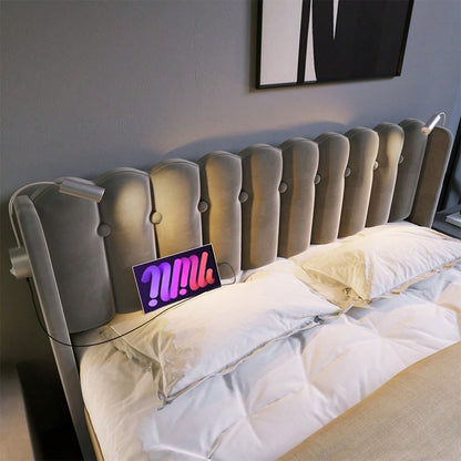 Polsterbett Doppelbett Leselicht mit Ladefunktion Kopfteil Stauraum Bettgestell Samt Jugendbett 140x200 mit lattenrost,Grau