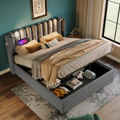 Polsterbett Doppelbett Leselicht mit Ladefunktion Kopfteil Stauraum Bettgestell Samt Jugendbett 140x200 mit lattenrost,Grau
