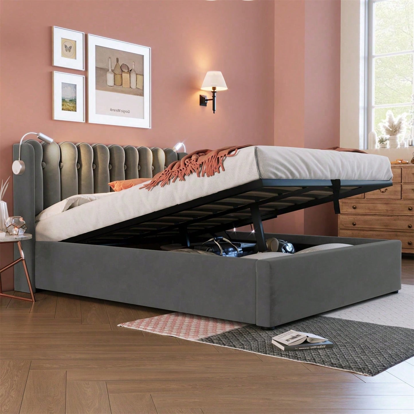 Polsterbett Doppelbett Leselicht mit Ladefunktion Kopfteil Stauraum Bettgestell Samt Jugendbett 140x200 mit lattenrost,Grau