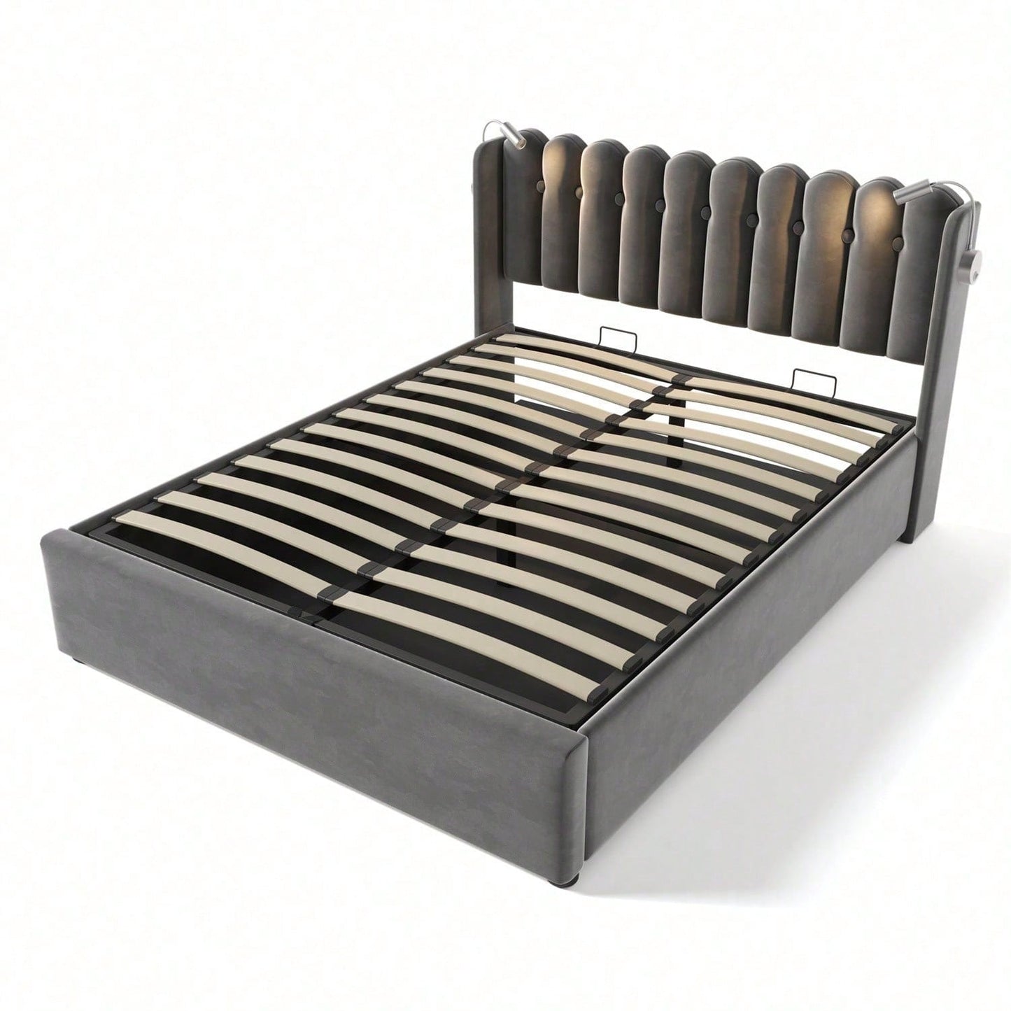 Polsterbett Doppelbett Leselicht mit Ladefunktion Kopfteil Stauraum Bettgestell Samt Jugendbett 140x200 mit lattenrost,Grau