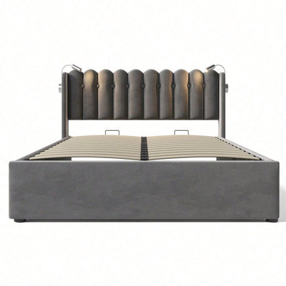 Polsterbett Doppelbett Leselicht mit Ladefunktion Kopfteil Stauraum Bettgestell Samt Jugendbett 140x200 mit lattenrost,Grau