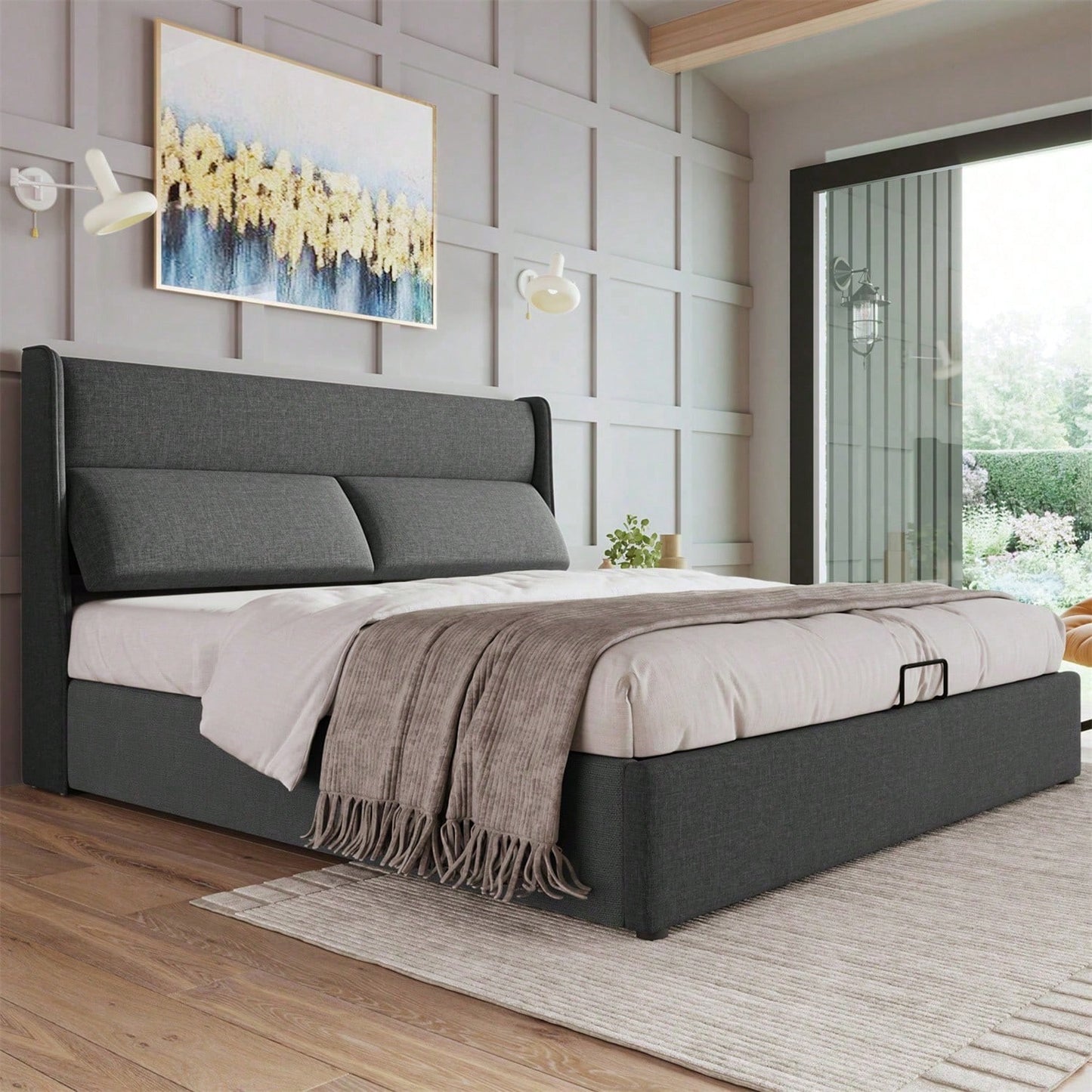 Polsterbett Doppelbett mit Verstellbare Kopfstützen,Stauraumbetten Bettgestell aus Leinenmaterial Jugendbett 160x200 mit lattenrost