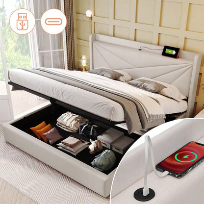Polsterbett Doppelbett Stauraum Bettkasten mit USB Typ C Ladefunktion Kopfteil,ohne Matratze, Stauraumbetten Bettgestell aus Leinenmaterial Jugendbett 160x200 mit lattenrost