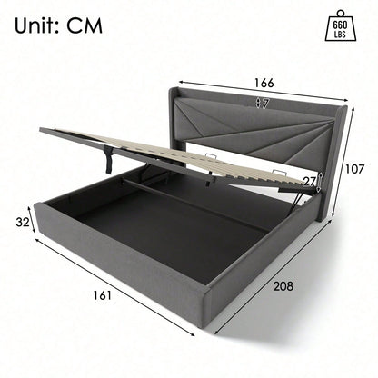 Polsterbett Doppelbett Stauraum Bettkasten mit USB Typ C Ladefunktion Kopfteil,ohne Matratze, Stauraumbetten Bettgestell aus Leinenmaterial Jugendbett 160x200 mit lattenrost