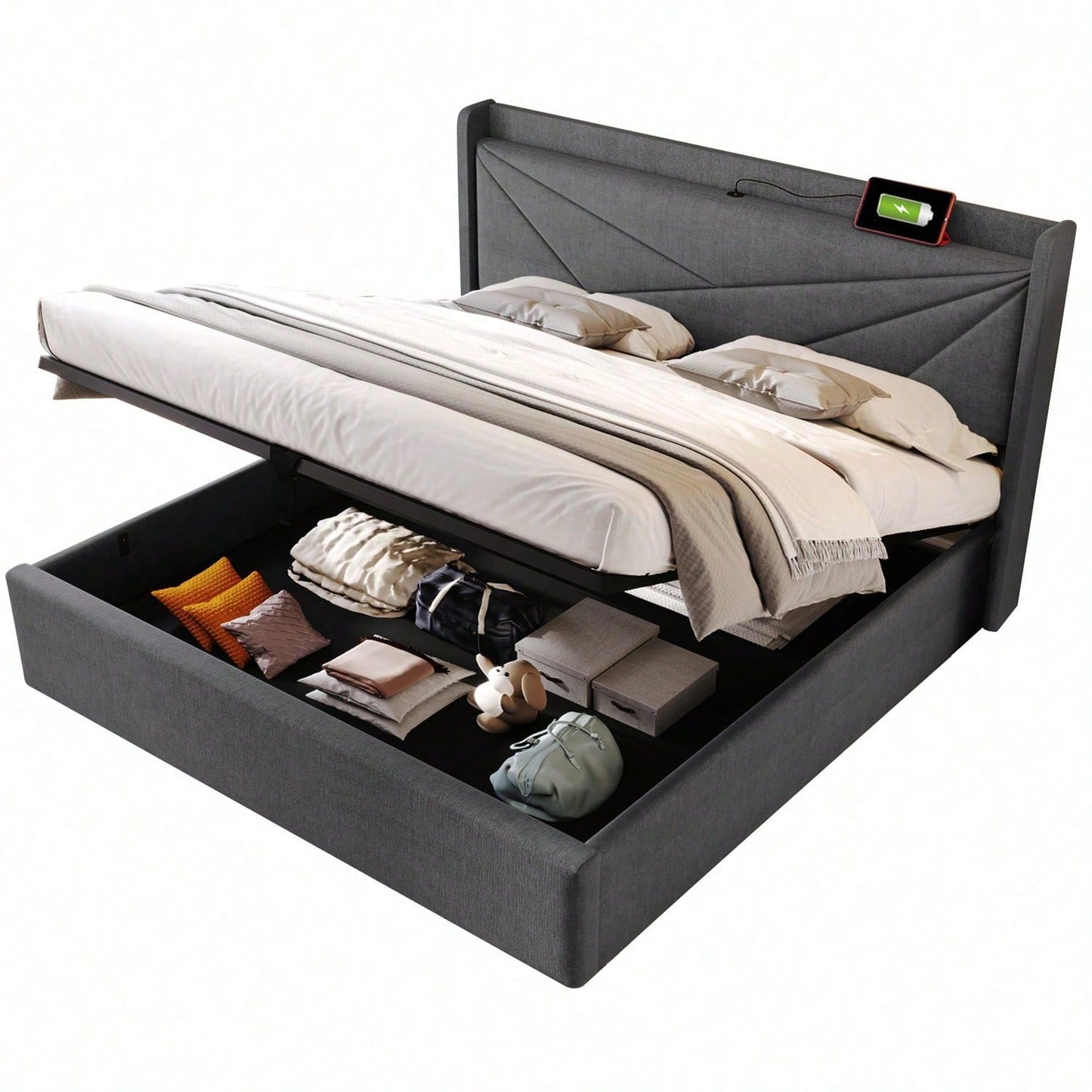 Polsterbett Doppelbett Stauraum Bettkasten mit USB Typ C Ladefunktion Kopfteil,ohne Matratze, Stauraumbetten Bettgestell aus Leinenmaterial Jugendbett 160x200 mit lattenrost