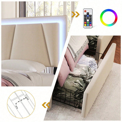 Polsterbett mit LED-Beleuchtung und 4 Schubladen,Höhenverstellbarem Kopfteil,Doppelbett 160x200cm Stauraumbetten Bettgestell, Lattenrost aus Holz, Beige