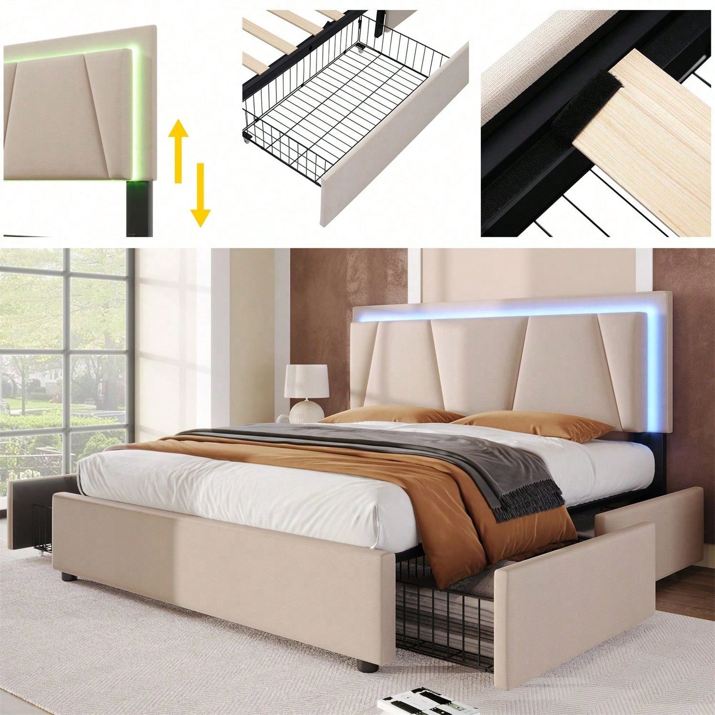 Polsterbett mit LED-Beleuchtung und 4 Schubladen,Höhenverstellbarem Kopfteil,Doppelbett 160x200cm Stauraumbetten Bettgestell, Lattenrost aus Holz, Beige