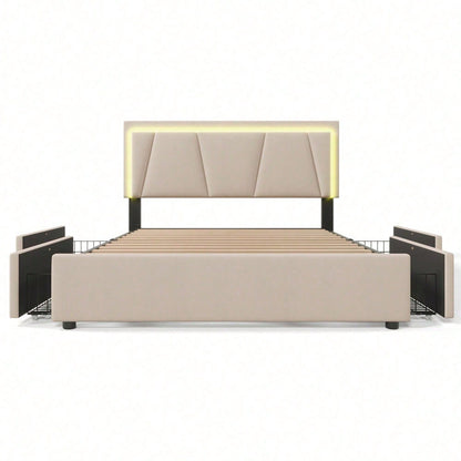 Polsterbett mit LED-Beleuchtung und 4 Schubladen,Höhenverstellbarem Kopfteil,Doppelbett 160x200cm Stauraumbetten Bettgestell, Lattenrost aus Holz, Beige
