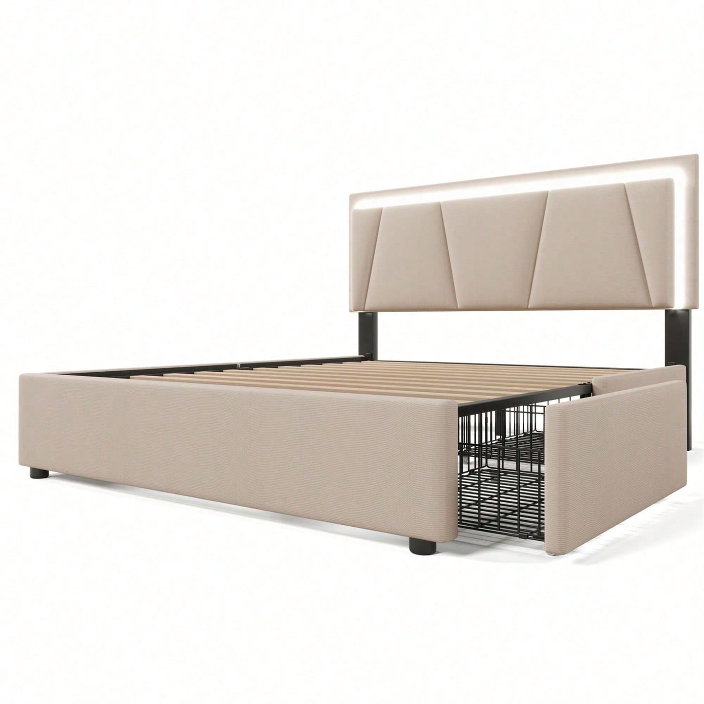 Polsterbett mit LED-Beleuchtung und 4 Schubladen,Höhenverstellbarem Kopfteil,Doppelbett 160x200cm Stauraumbetten Bettgestell, Lattenrost aus Holz, Beige