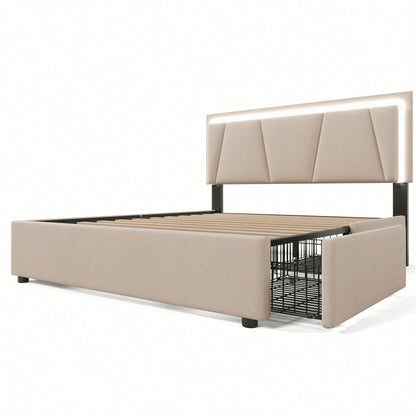 Polsterbett mit LED-Beleuchtung und 4 Schubladen,Höhenverstellbarem Kopfteil,Doppelbett 160x200cm Stauraumbetten Bettgestell, Lattenrost aus Holz, Beige