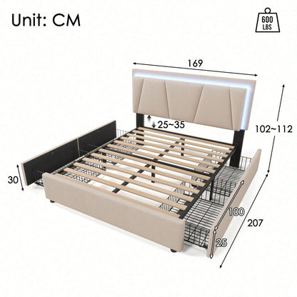 Polsterbett mit LED-Beleuchtung und 4 Schubladen,Höhenverstellbarem Kopfteil,Doppelbett 160x200cm Stauraumbetten Bettgestell, Lattenrost aus Holz, Beige