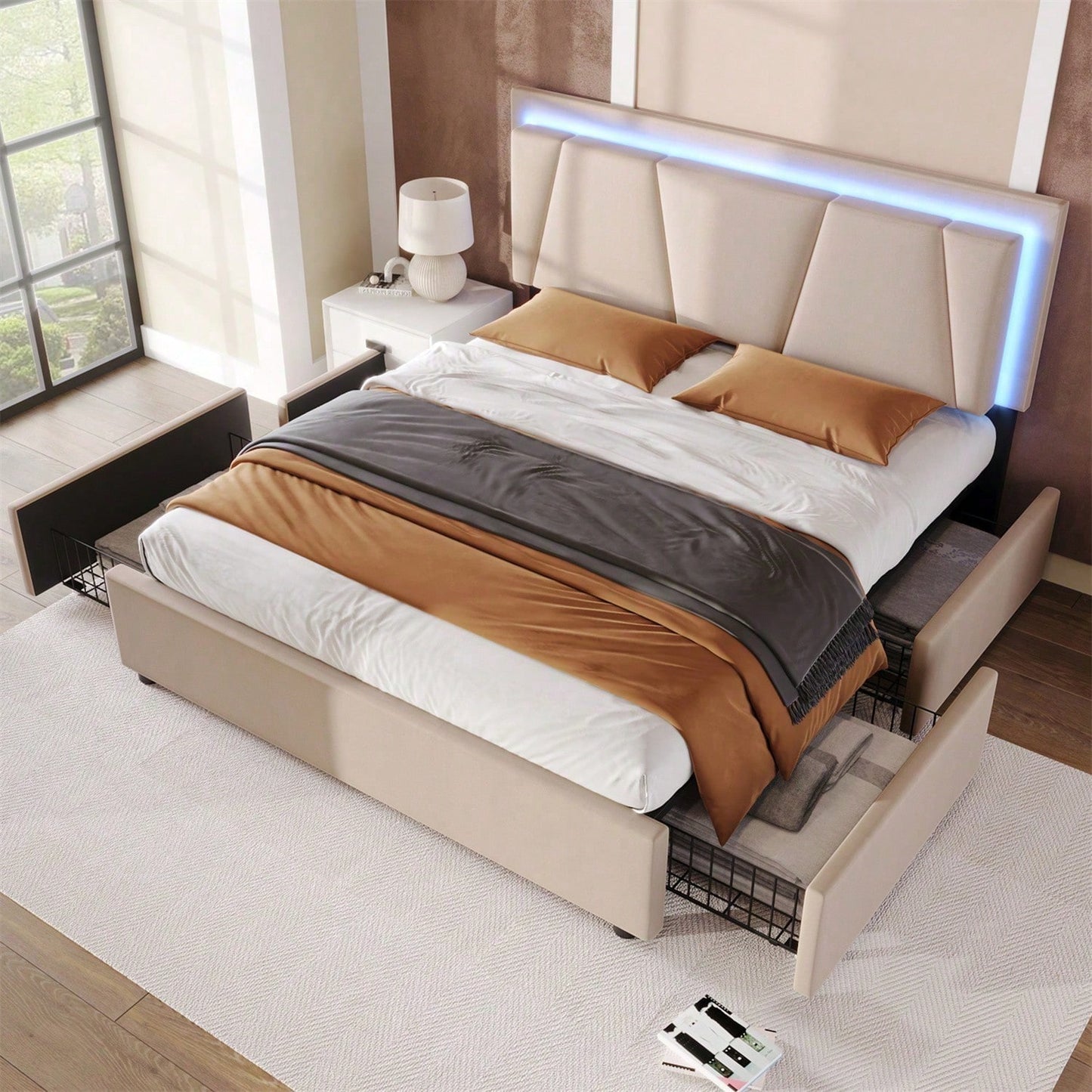 Polsterbett mit LED-Beleuchtung und 4 Schubladen,Höhenverstellbarem Kopfteil,Doppelbett 140x200cm Stauraumbetten Bettgestell, Lattenrost aus Holz, Beige