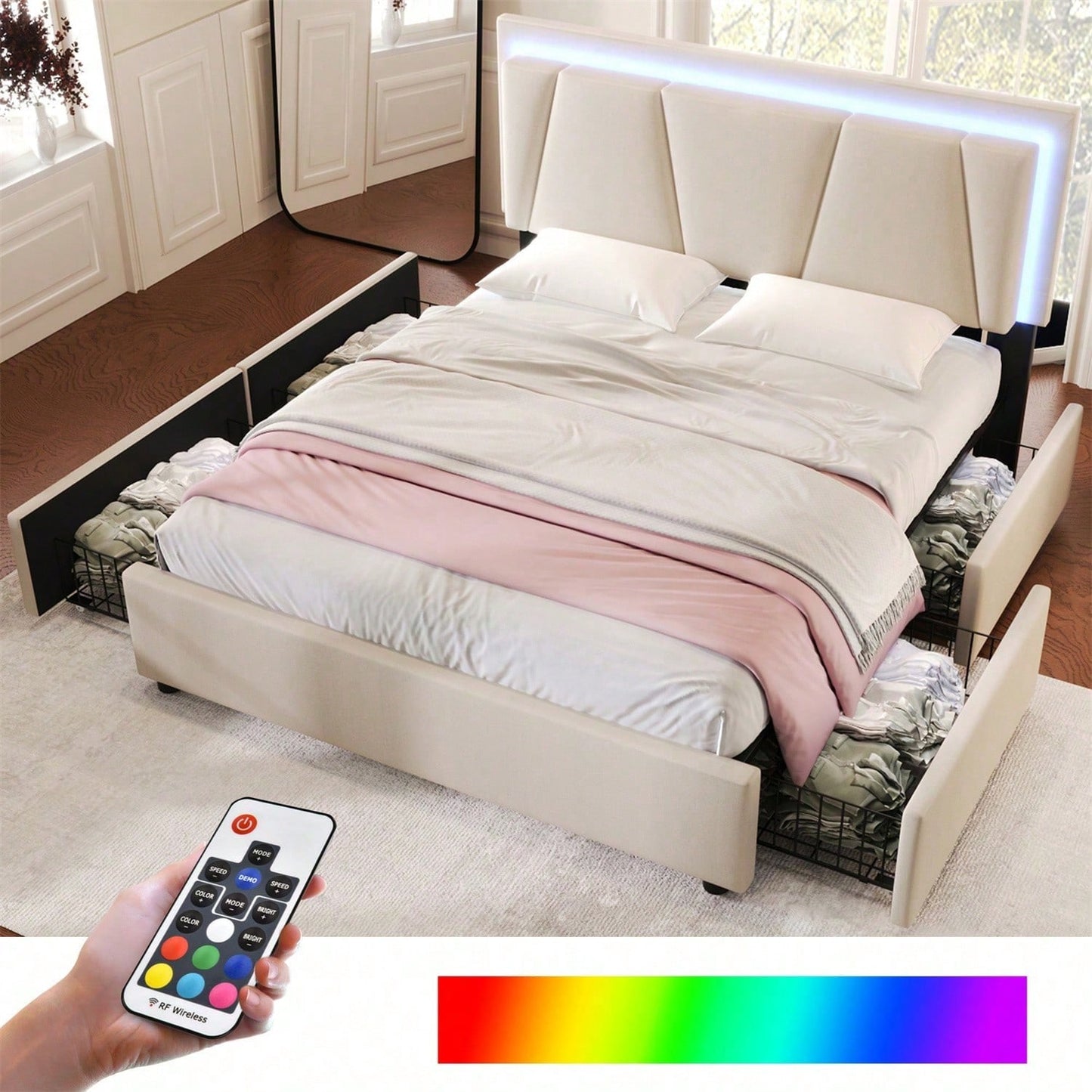 Polsterbett mit LED-Beleuchtung und 4 Schubladen,Höhenverstellbarem Kopfteil,Doppelbett 140x200cm Stauraumbetten Bettgestell, Lattenrost aus Holz, Beige