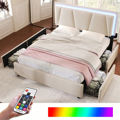 Polsterbett mit LED-Beleuchtung und 4 Schubladen,Höhenverstellbarem Kopfteil,Doppelbett 140x200cm Stauraumbetten Bettgestell, Lattenrost aus Holz, Beige