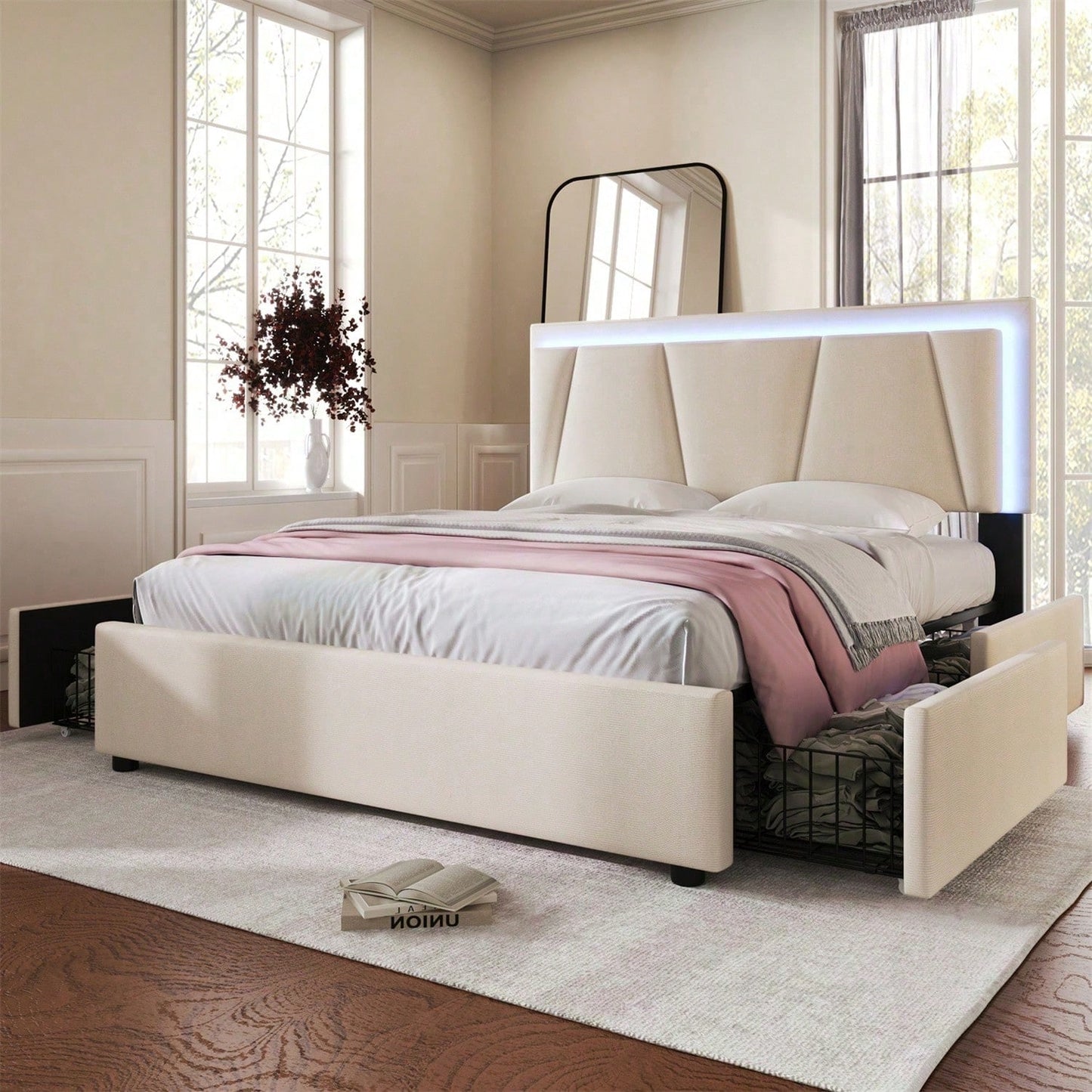 Polsterbett mit LED-Beleuchtung und 4 Schubladen,Höhenverstellbarem Kopfteil,Doppelbett 140x200cm Stauraumbetten Bettgestell, Lattenrost aus Holz, Beige