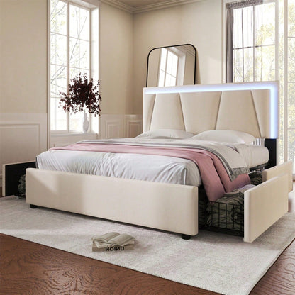 Polsterbett mit LED-Beleuchtung und 4 Schubladen,Höhenverstellbarem Kopfteil,Doppelbett 140x200cm Stauraumbetten Bettgestell, Lattenrost aus Holz, Beige