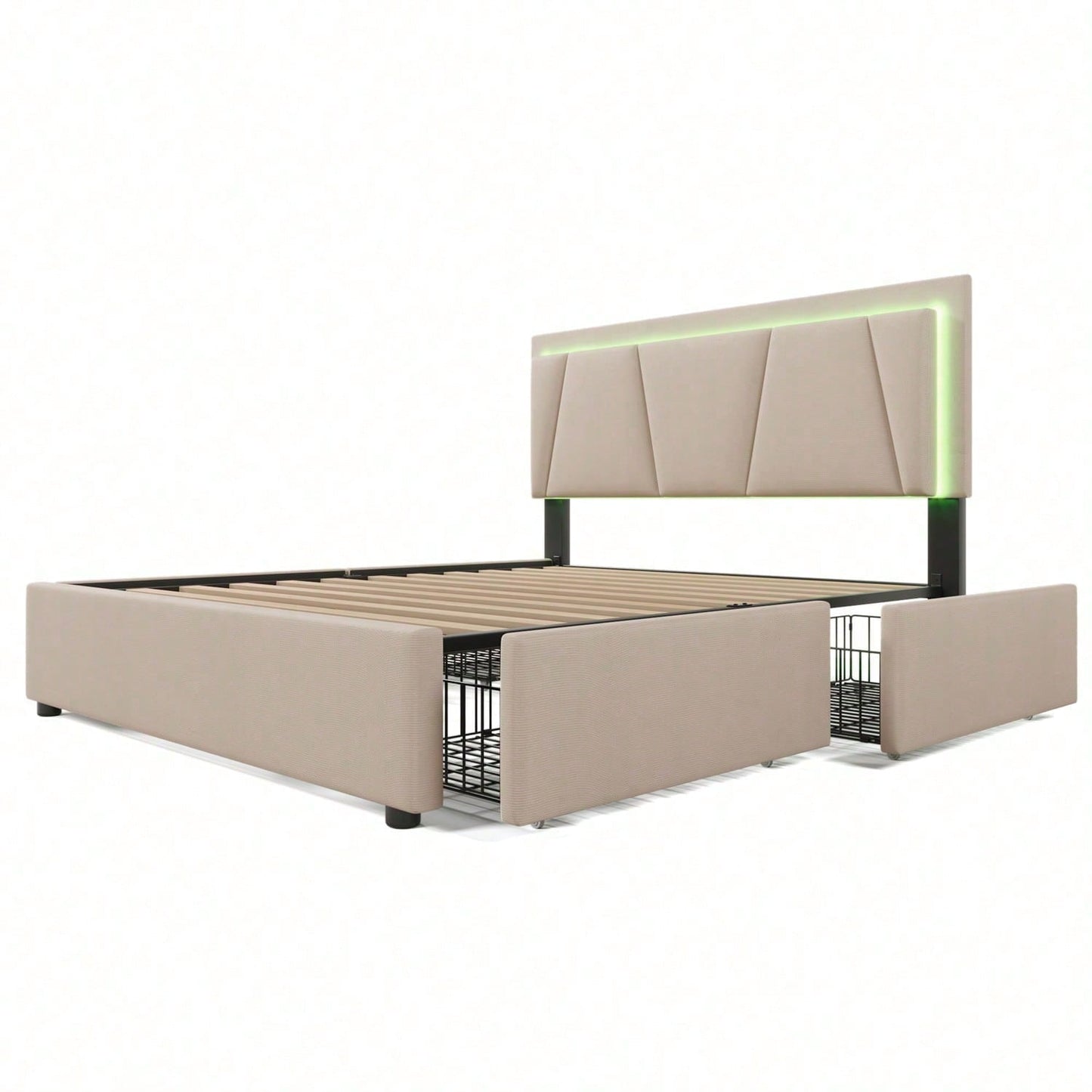 Polsterbett mit LED-Beleuchtung und 4 Schubladen,Höhenverstellbarem Kopfteil,Doppelbett 140x200cm Stauraumbetten Bettgestell, Lattenrost aus Holz, Beige