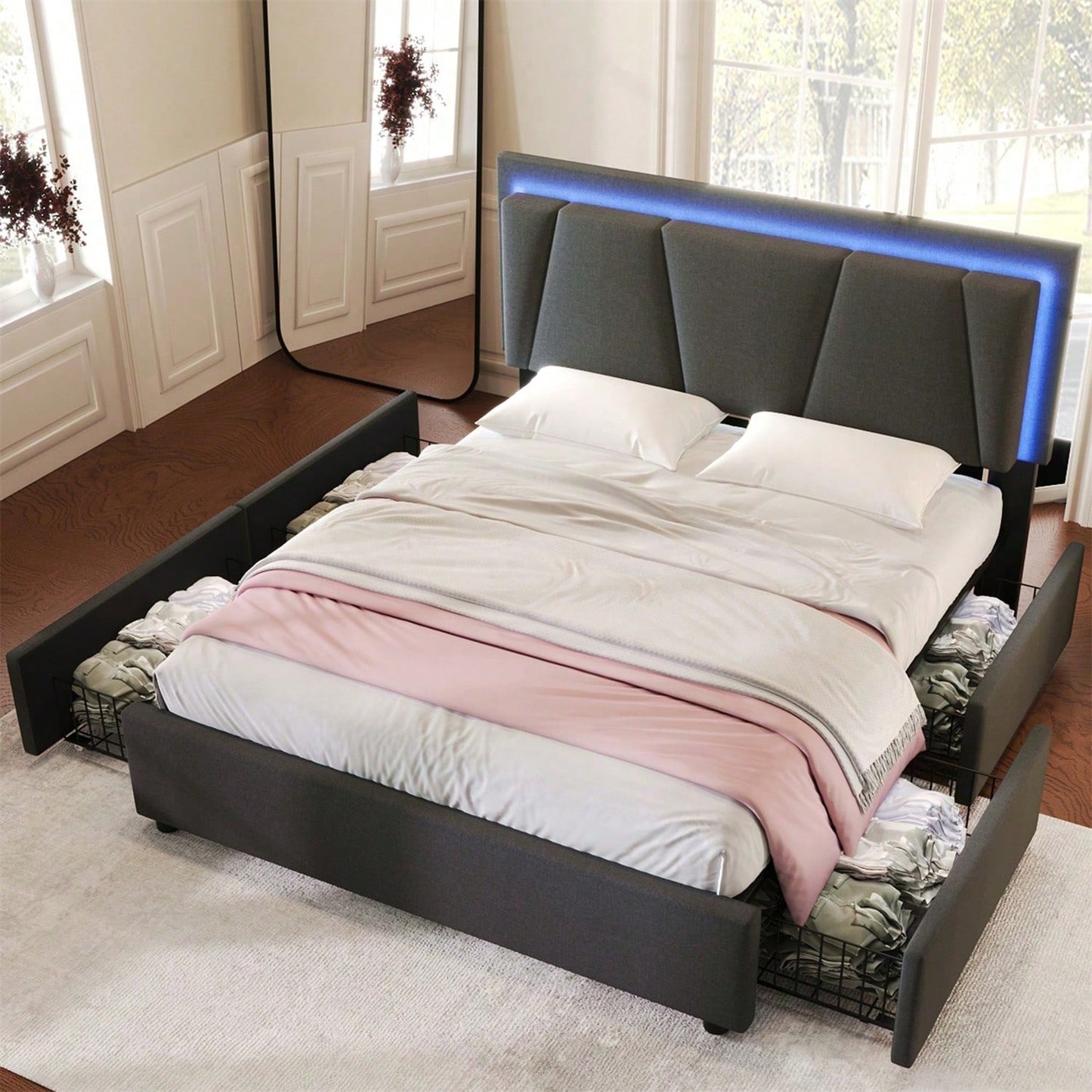 Polsterbett mit LED-Beleuchtung und 4 Schubladen,Höhenverstellbarem Kopfteil,Doppelbett 140x200cm Stauraumbetten Bettgestell, Lattenrost aus Holz, Beige