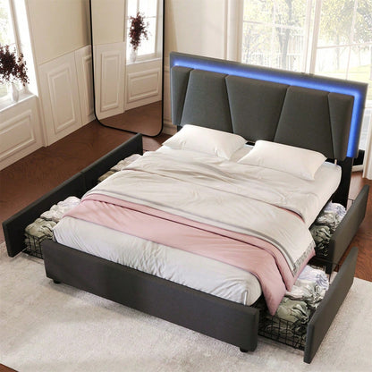 Polsterbett mit LED-Beleuchtung und 4 Schubladen,Höhenverstellbarem Kopfteil,Doppelbett 140x200cm Stauraumbetten Bettgestell, Lattenrost aus Holz, Beige
