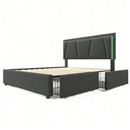 Polsterbett mit LED-Beleuchtung und 4 Schubladen,Höhenverstellbarem Kopfteil,Doppelbett 140x200cm Stauraumbetten Bettgestell, Lattenrost aus Holz, Beige