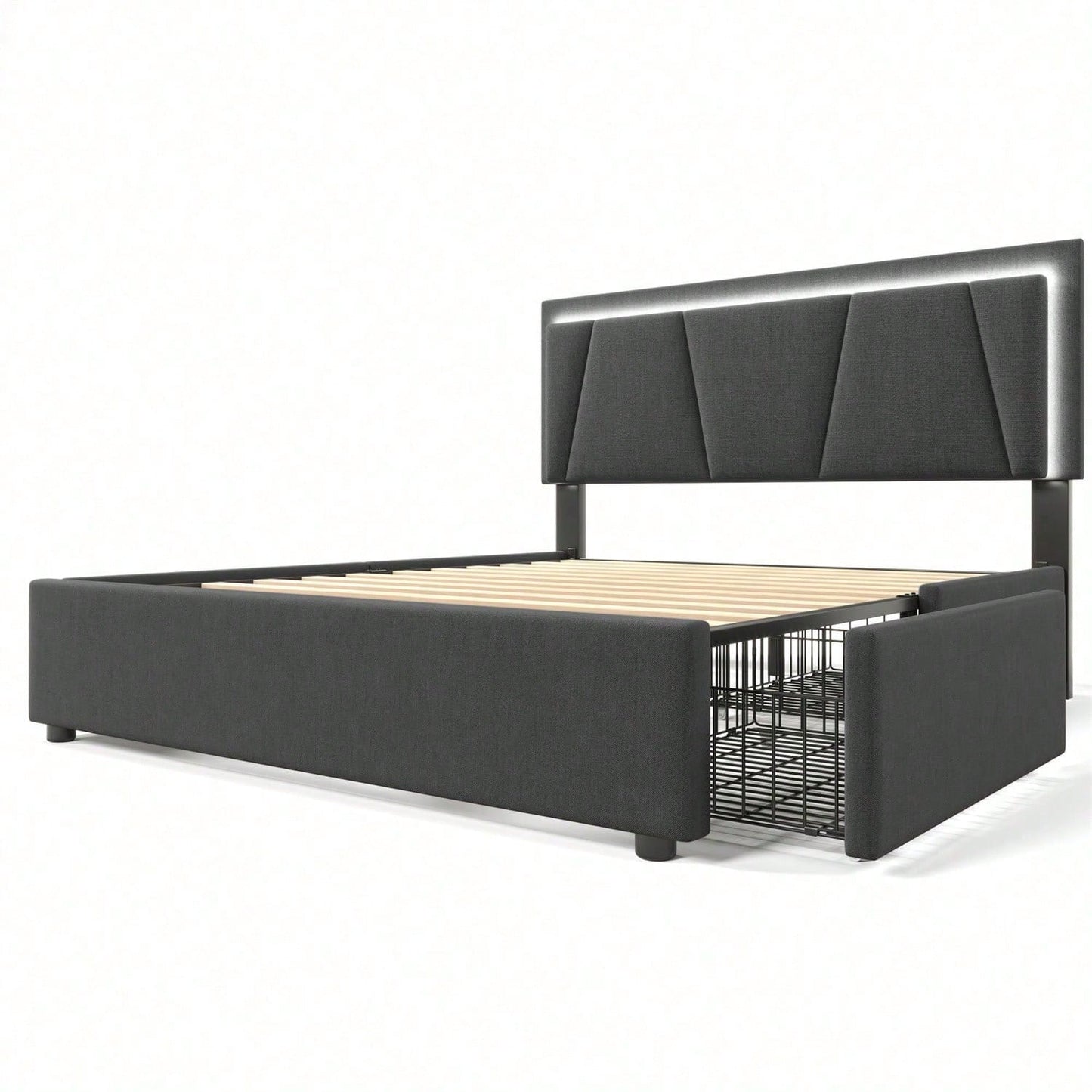 Polsterbett mit LED-Beleuchtung und 4 Schubladen,Höhenverstellbarem Kopfteil,Doppelbett 140x200cm Stauraumbetten Bettgestell, Lattenrost aus Holz, Beige