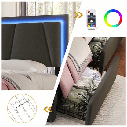 Polsterbett mit LED-Beleuchtung und 4 Schubladen,Höhenverstellbarem Kopfteil,Doppelbett 140x200cm Stauraumbetten Bettgestell, Lattenrost aus Holz, Beige