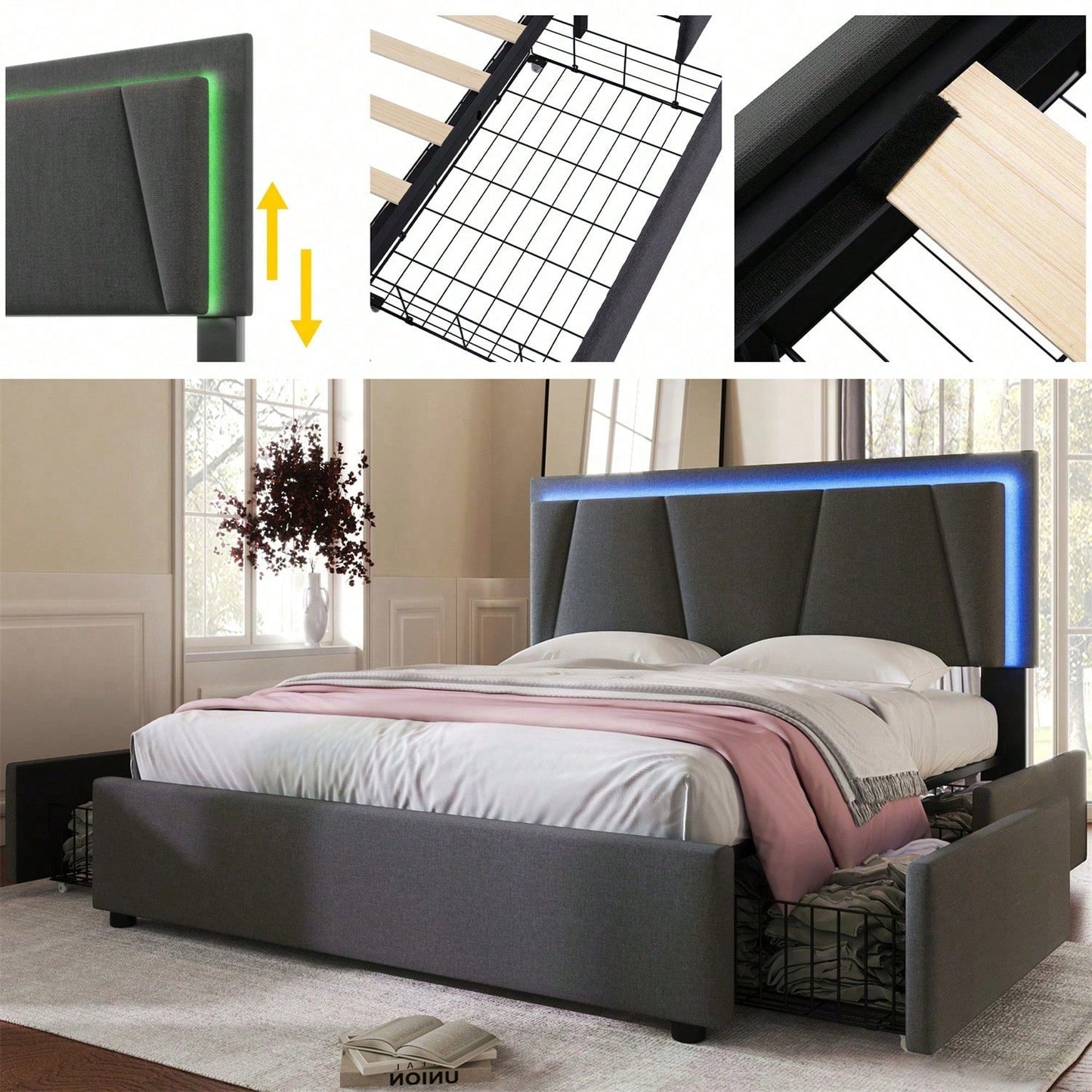 Polsterbett mit LED-Beleuchtung und 4 Schubladen,Höhenverstellbarem Kopfteil,Doppelbett 140x200cm Stauraumbetten Bettgestell, Lattenrost aus Holz, Beige