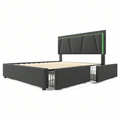 Polsterbett mit LED-Beleuchtung und 4 Schubladen,Höhenverstellbarem Kopfteil,Doppelbett 140x200cm Stauraumbetten Bettgestell, Lattenrost aus Holz, Beige