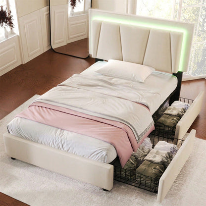 Polsterbett mit LED-Beleuchtung und 2 Schubladen,Höhenverstellbarem Kopfteil,Einzelbett 90x200cm Stauraumbetten Bettgestell, Lattenrost aus Holz,Garu
