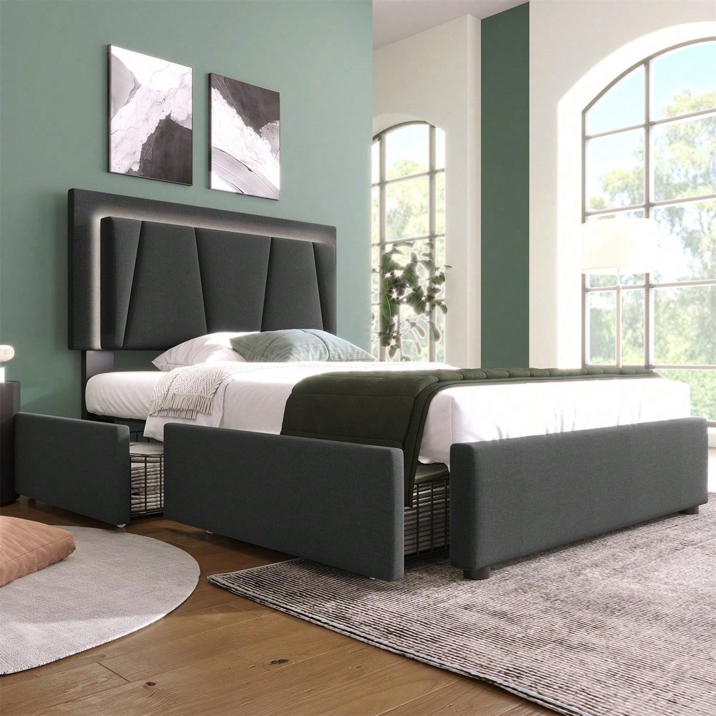 Polsterbett mit LED-Beleuchtung und 2 Schubladen,Höhenverstellbarem Kopfteil,Einzelbett 90x200cm Stauraumbetten Bettgestell, Lattenrost aus Holz,Garu