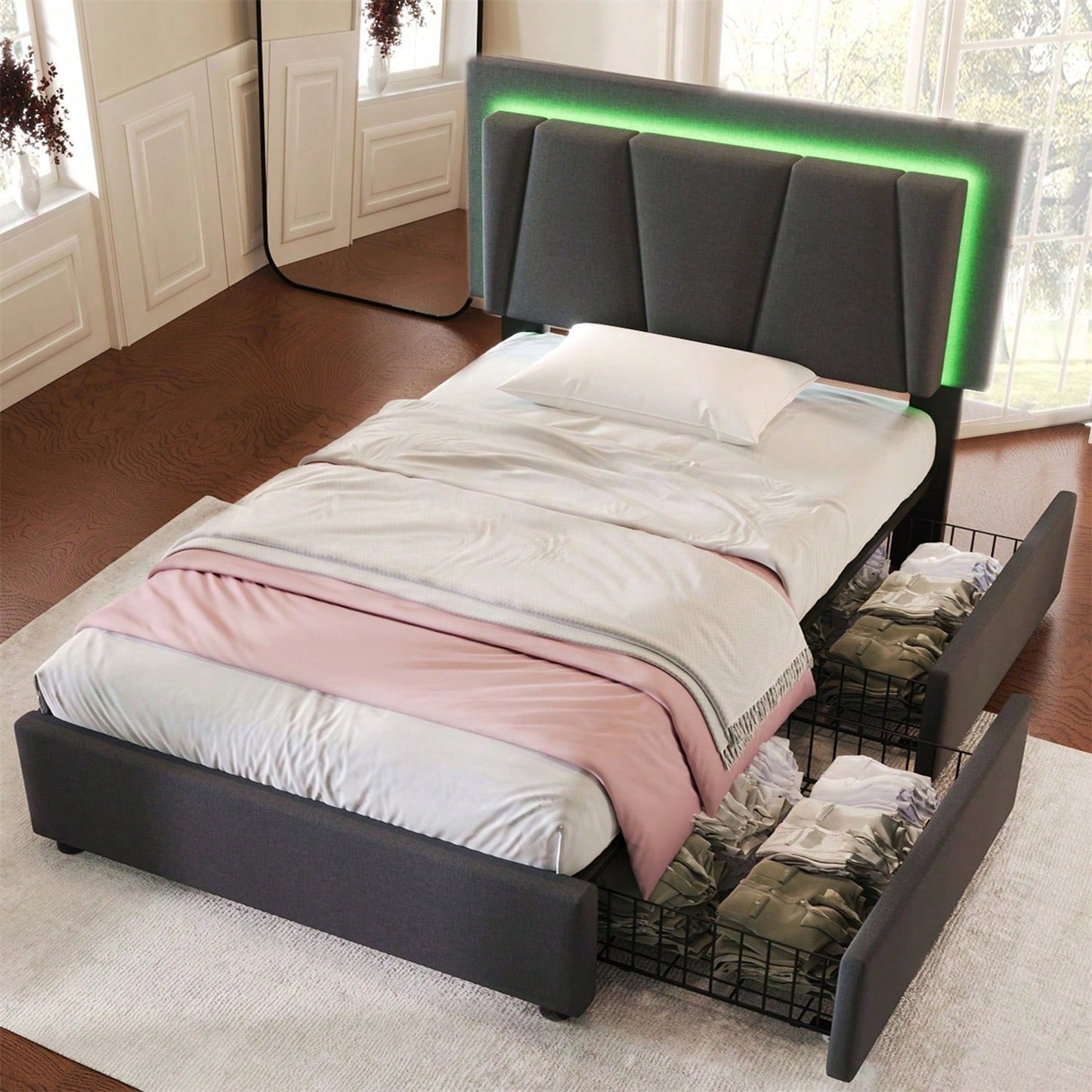 Polsterbett mit LED-Beleuchtung und 2 Schubladen,Höhenverstellbarem Kopfteil,Einzelbett 90x200cm Stauraumbetten Bettgestell, Lattenrost aus Holz,Garu