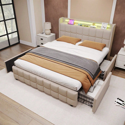 Polsterbett mit aufladen USB Ladefunktion Kopfteil und LED-Beleuchtung und 4 Schubladen,Doppelbett 140x200cm Stauraumbetten Bettgestell, Lattenrost aus Holz, Beige
