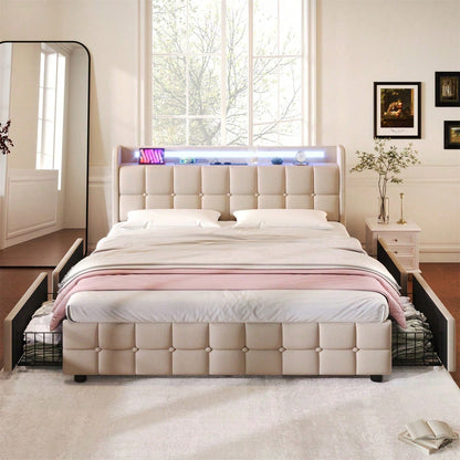 Polsterbett mit aufladen USB Ladefunktion Kopfteil und LED-Beleuchtung und 4 Schubladen,Doppelbett 140x200cm Stauraumbetten Bettgestell, Lattenrost aus Holz, Beige