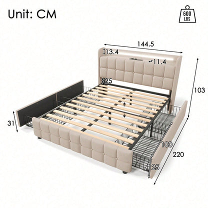Polsterbett mit aufladen USB Ladefunktion Kopfteil und LED-Beleuchtung und 4 Schubladen,Doppelbett 140x200cm Stauraumbetten Bettgestell, Lattenrost aus Holz, Beige