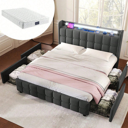 Polsterbett mit aufladen USB Ladefunktion Kopfteil und LED-Beleuchtung und 4 Schubladen,Doppelbett 140x200cm Stauraumbetten Bettgestell, Lattenrost aus Holz, Beige