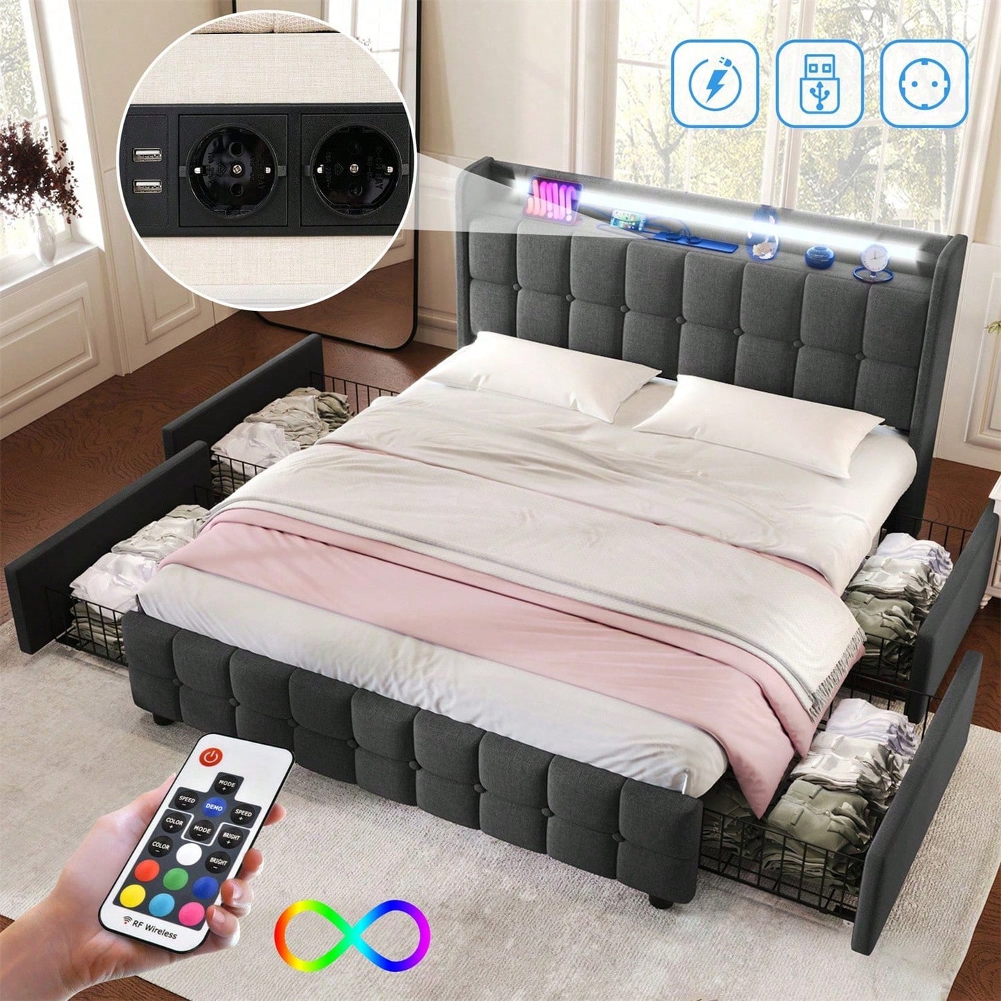 Polsterbett mit aufladen USB Ladefunktion Kopfteil und LED-Beleuchtung und 4 Schubladen,Doppelbett 140x200cm Stauraumbetten Bettgestell, Lattenrost aus Holz, Beige