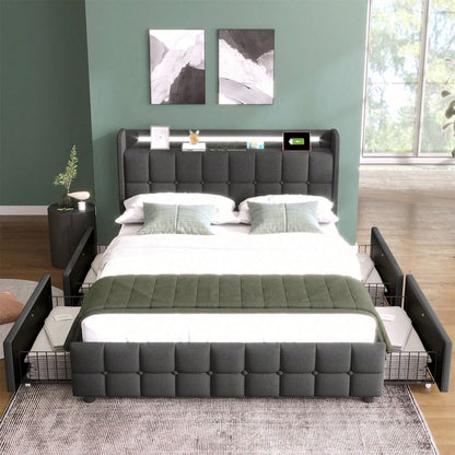 Polsterbett mit aufladen USB Ladefunktion Kopfteil und LED-Beleuchtung und 4 Schubladen,Doppelbett 140x200cm Stauraumbetten Bettgestell, Lattenrost aus Holz, Beige