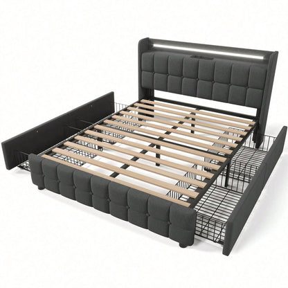 Polsterbett mit aufladen USB Ladefunktion Kopfteil und LED-Beleuchtung und 4 Schubladen,Doppelbett 140x200cm Stauraumbetten Bettgestell, Lattenrost aus Holz, Beige