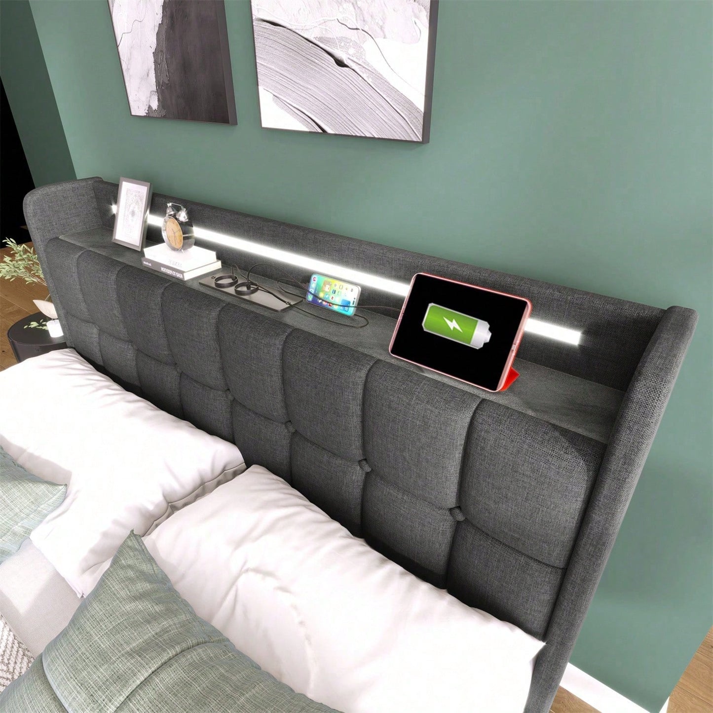Polsterbett mit aufladen USB Ladefunktion Kopfteil und LED-Beleuchtung und 4 Schubladen,Doppelbett 140x200cm Stauraumbetten Bettgestell, Lattenrost aus Holz, Beige