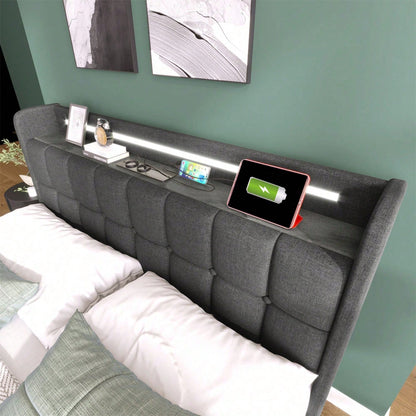 Polsterbett mit aufladen USB Ladefunktion Kopfteil und LED-Beleuchtung und 4 Schubladen,Doppelbett 140x200cm Stauraumbetten Bettgestell, Lattenrost aus Holz, Beige