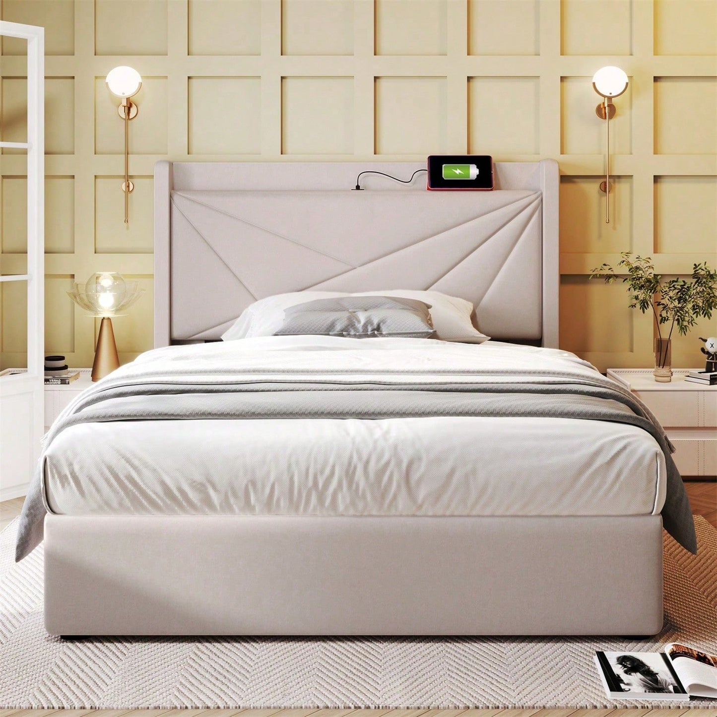 Polsterbett Einzelbett Stauraum Bettkasten mit USB Typ C Ladefunktion Kopfteil,Stauraumbetten Bettgestell aus Leinenmaterial Jugendbett 90x200 mit lattenrost