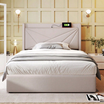 Polsterbett Einzelbett Stauraum Bettkasten mit USB Typ C Ladefunktion Kopfteil,Stauraumbetten Bettgestell aus Leinenmaterial Jugendbett 90x200 mit lattenrost