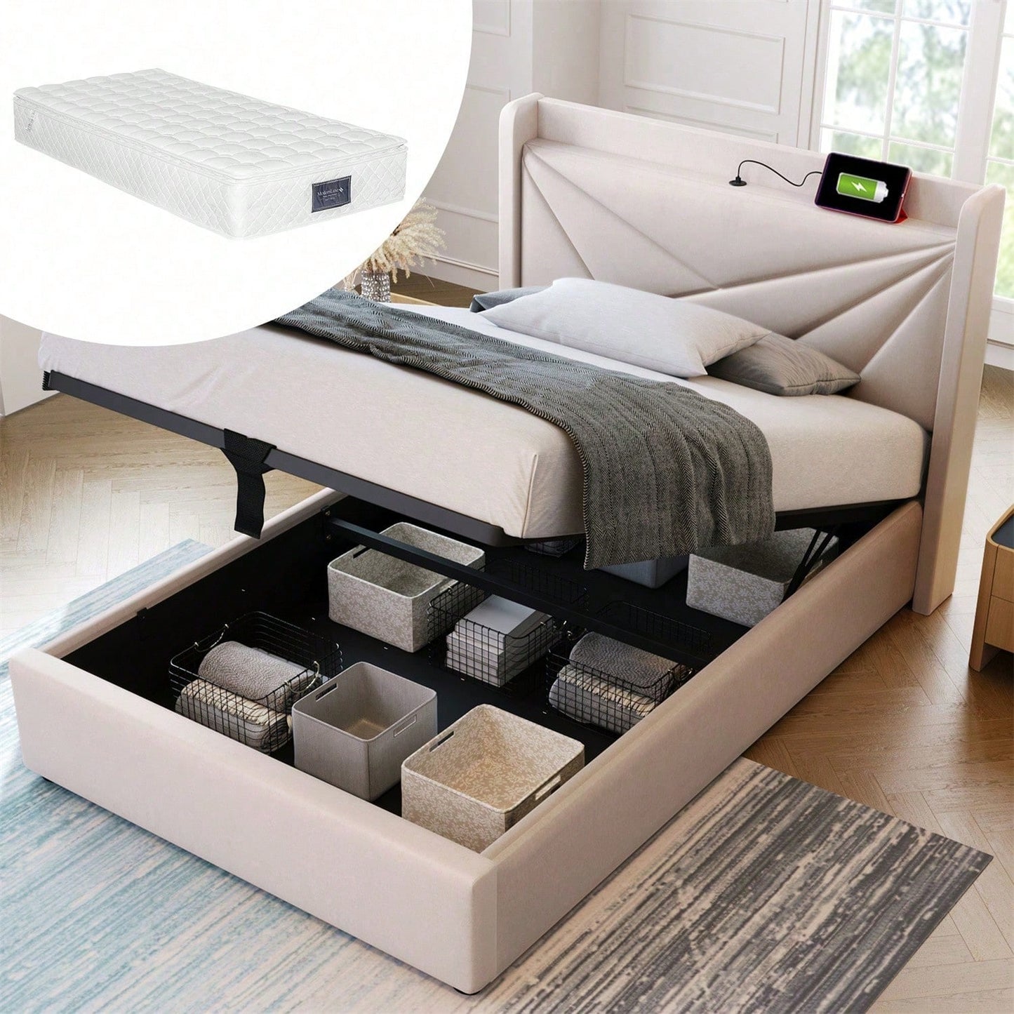 Polsterbett Einzelbett Stauraum Bettkasten mit USB Typ C Ladefunktion Kopfteil,Stauraumbetten Bettgestell aus Leinenmaterial Jugendbett 90x200 mit lattenrost