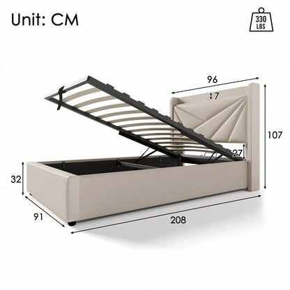 Polsterbett Einzelbett Stauraum Bettkasten mit USB Typ C Ladefunktion Kopfteil,Stauraumbetten Bettgestell aus Leinenmaterial Jugendbett 90x200 mit lattenrost