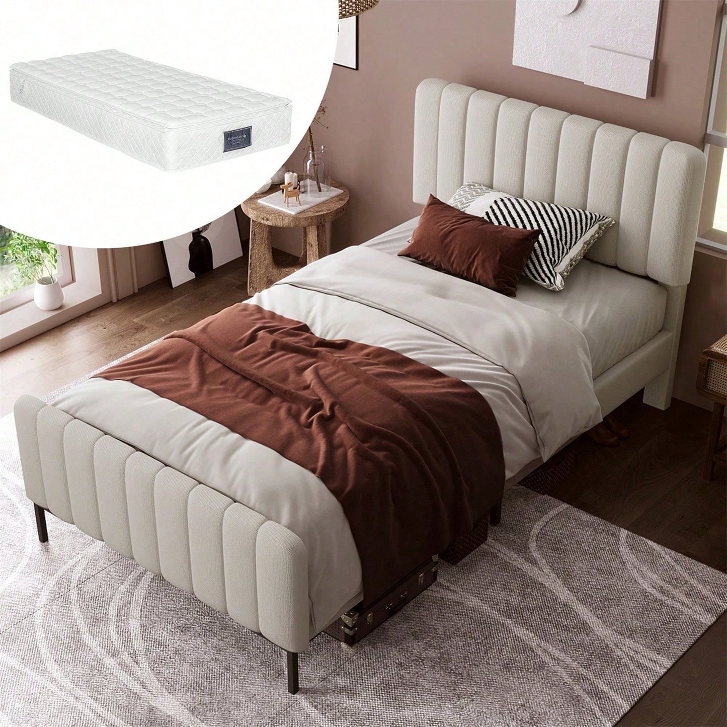 Polsterbett Einzelbett 90 x 200 cm, Bettgestell mit Lattenrost und Verstellbares Kopfteil, Gepolstertes bett in Grau-Beige,Bettrahmen Jugendbett für Schlafzimmer Gästezimmer-Leinenmaterial