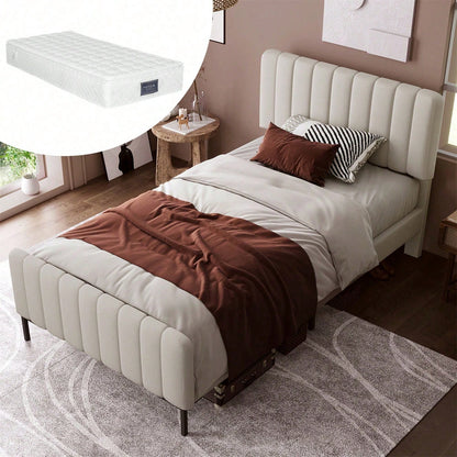 Polsterbett Einzelbett 90 x 200 cm, Bettgestell mit Lattenrost und Verstellbares Kopfteil, Gepolstertes bett in Grau-Beige,Bettrahmen Jugendbett für Schlafzimmer Gästezimmer-Leinenmaterial